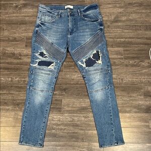 Zara Man‎ Men’s 36 Biker Moto Jeans Distressed Ribbed Panel Blue Denim Turkey
